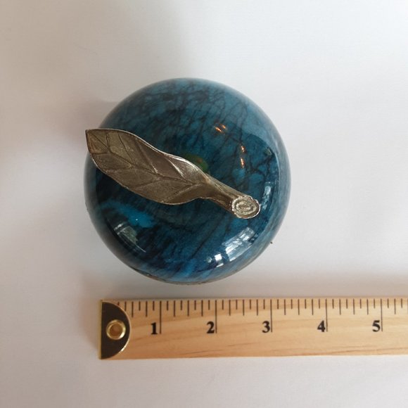 Vintage Green Marble Apple with Brass Leaf and Stem - Picture 6 of 7